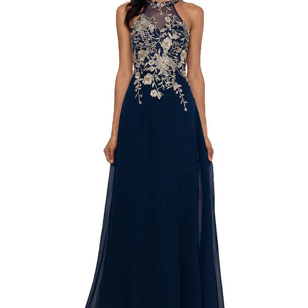 Betsy & Adam ‘Celeste’ Halter Neck Floral Embroidered Sleeveless Chiffon Gown